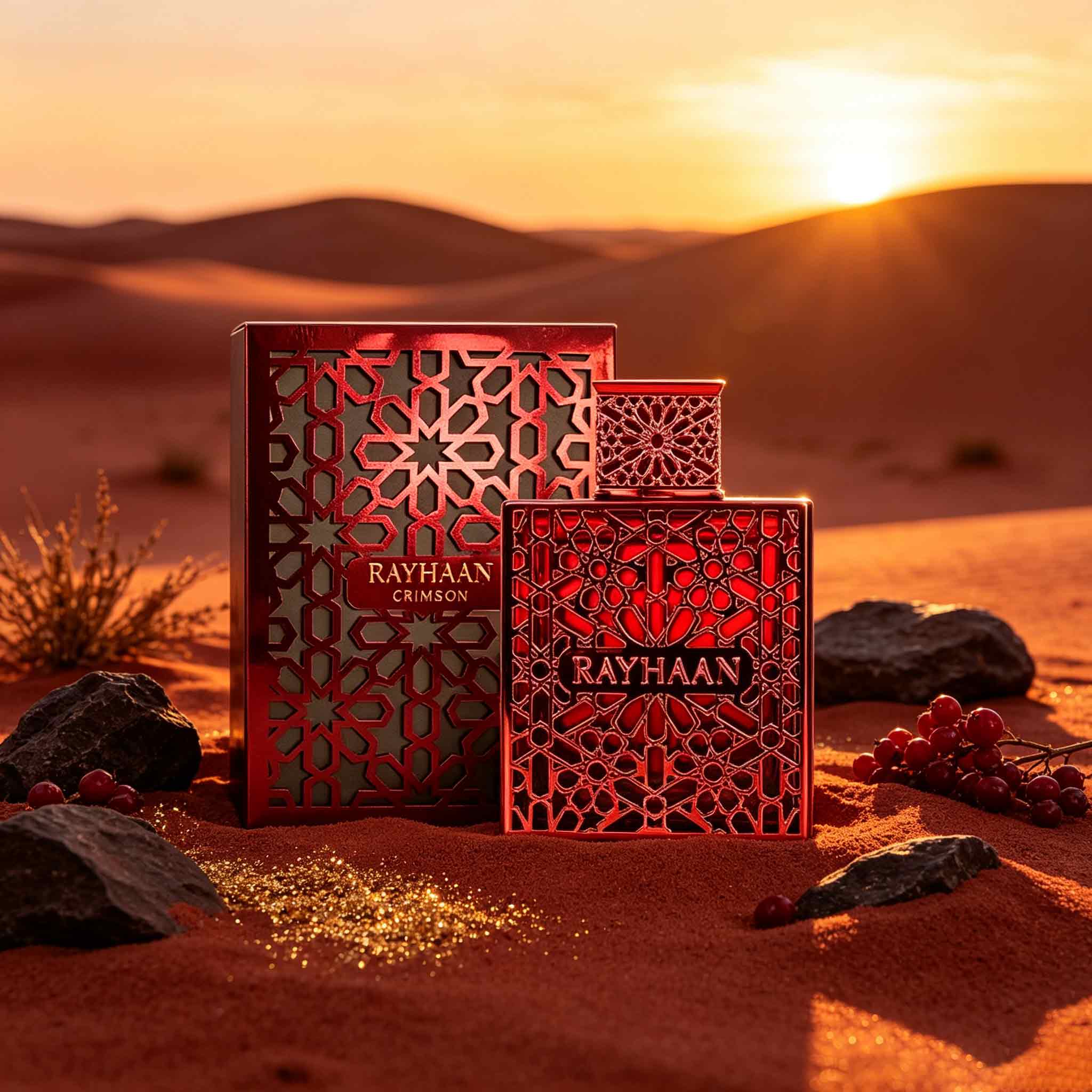Novelty Gifts - レイハーン レッド 100ml EDP、豪華で目を引く赤と金の組み合わせの、くり抜き模様が施されたボトル。 パワフルなグランドセント。個人コレクションや高級ギフトとして最適です。